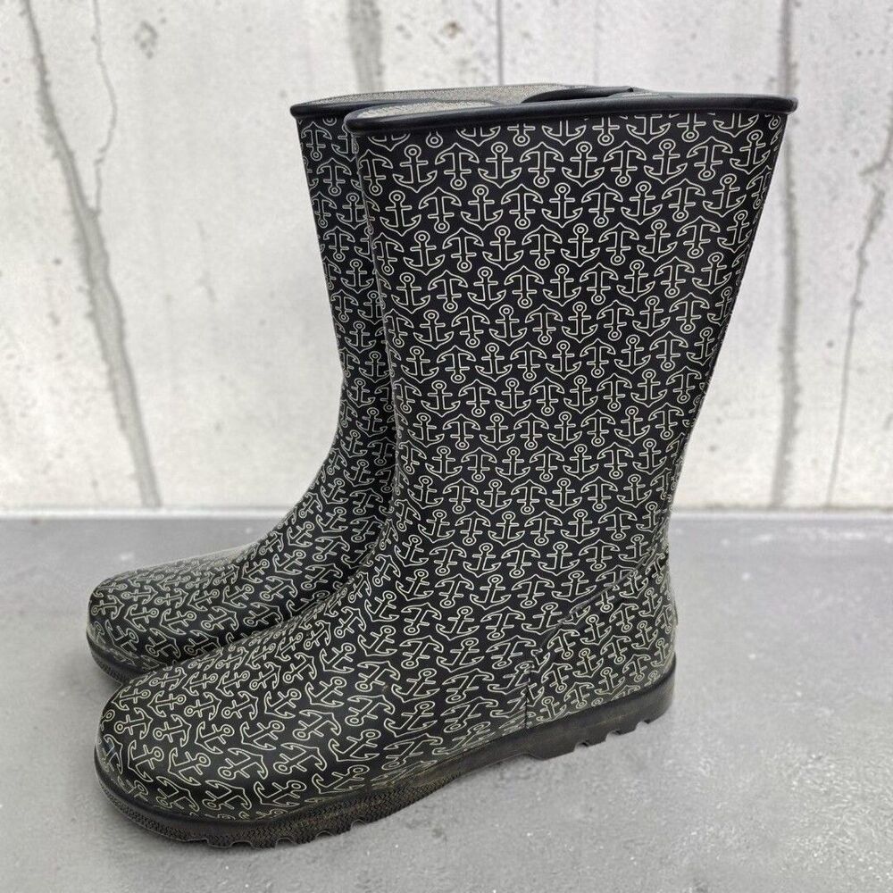 Sperry Top Sider Rainboots Womens 11 Blue Anchors Waterproof Nautical Preppy